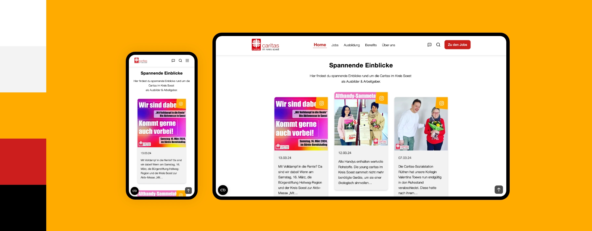 Screenshot einer Desktop- und Smartphoneansicht der Webseite von Caritas Soest umgeben von den Farben des Corporate Design