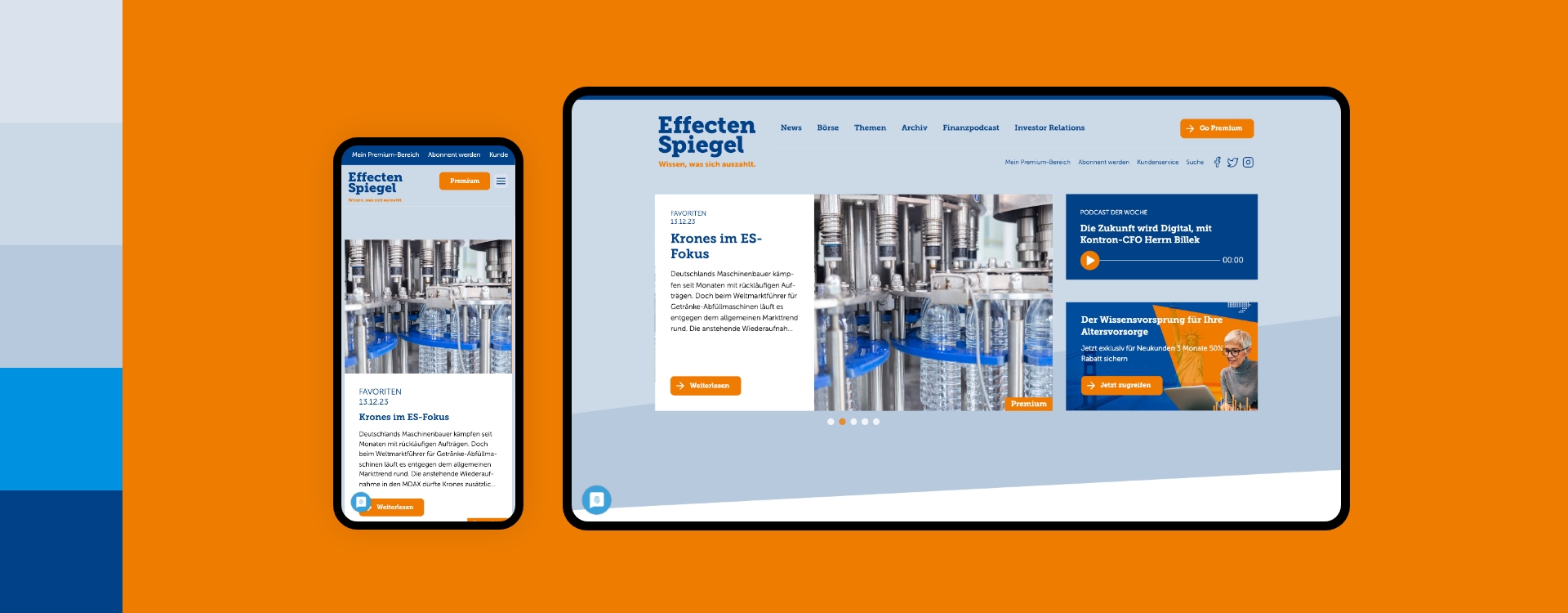 Screenshot einer Desktop- und Smartphoneansicht der Webseite von Effecten-Spiegel umgeben von den Farben des Corporate Design