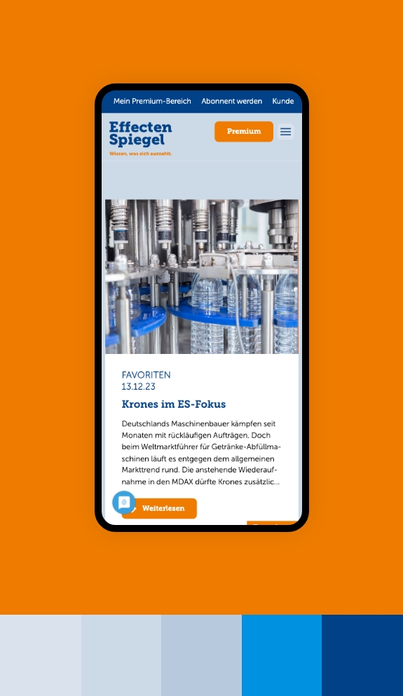 Screenshot einer Smartphoneansicht der Webseite von Effecten-Spiegel umgeben von den Farben des Corporate Design