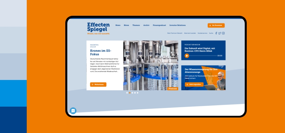 Screenshot einer Desktopansicht der Webseite von Effecten-Spiegel umgeben von den Farben des Corporate Design