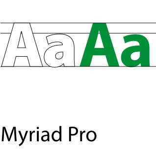 Beispielhafte Darstellung der genutzten Schrift Myriad Pro anhand des Buchstabens "Aa"