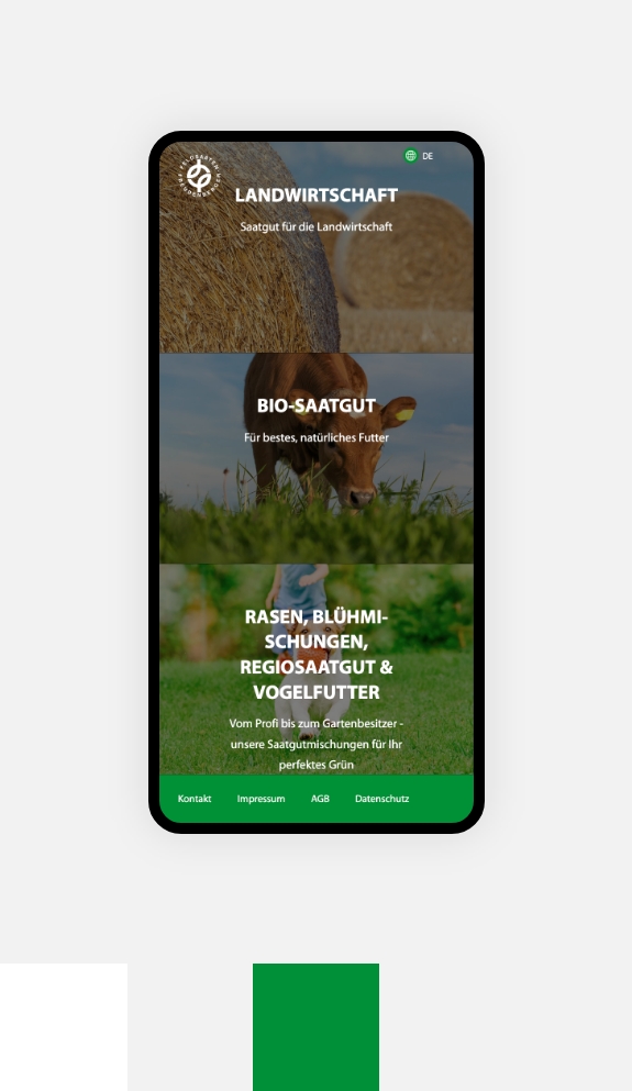Screenshot einer Smartphoneansicht der Webseite von Feldsaaten Freudenberger umgeben von den Farben des Corporate Design