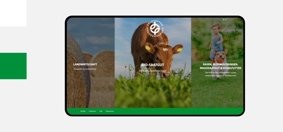 Screenshot einer Desktopansicht der Webseite von Feldsaaten Freudenberger umgeben von den Farben des Corporate Design
