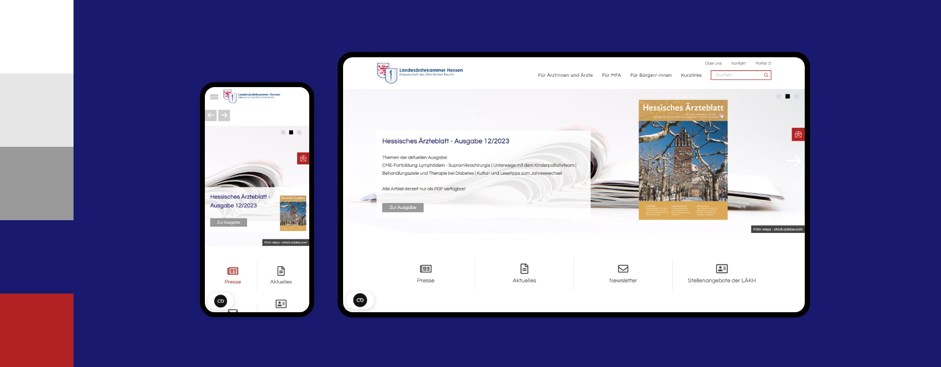 Screenshot einer Desktop- und Smartphoneansicht der Webseite der Landesärztekammer Hessen umgeben von den Farben des Corporate Design