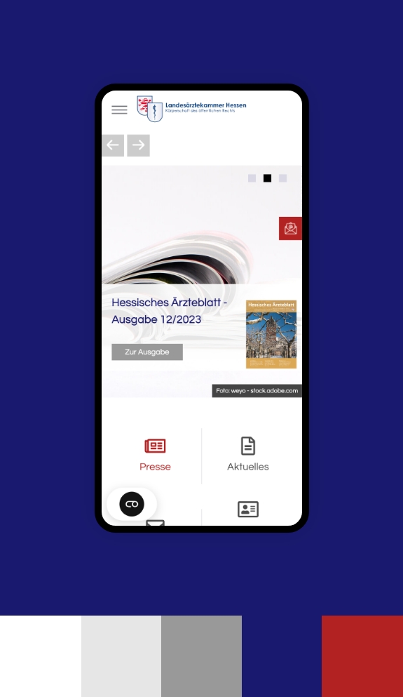 Screenshot einer Smartphoneansicht der Webseite der Landesärztekammer Hessen umgeben von den Farben des Corporate Design