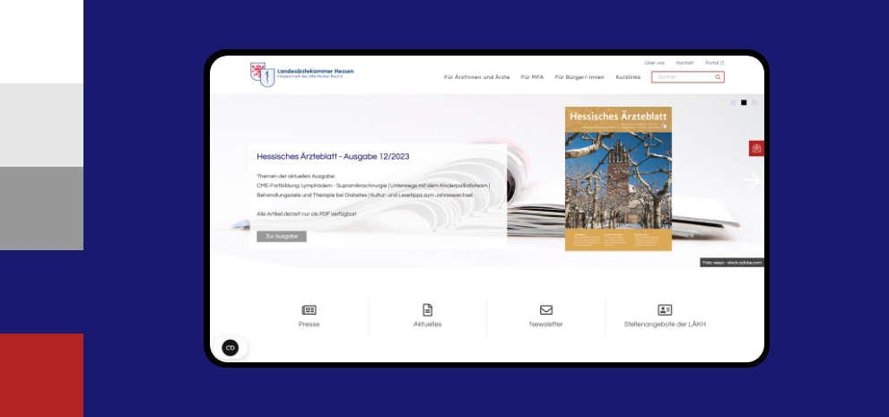Screenshot einer Desktopansicht der Webseite der Landesärztekammer Hessen umgeben von den Farben des Corporate Design