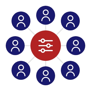 Mittig befindet sich ein Einstellungs-Icon, es wird in gleichmäßigen Abständen von 8 Profil-Icons umgeben