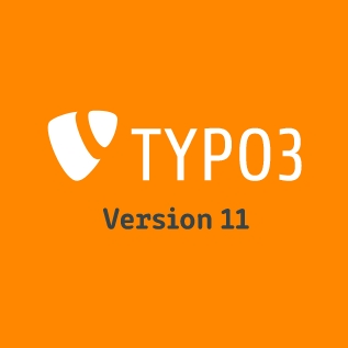TYPO3 Logo mit Text "Version 11" auf orangen Hintergrund