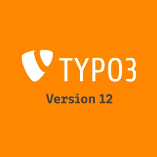 TYPO3 Logo mit Text "Version 12" auf orangen Hintergrund
