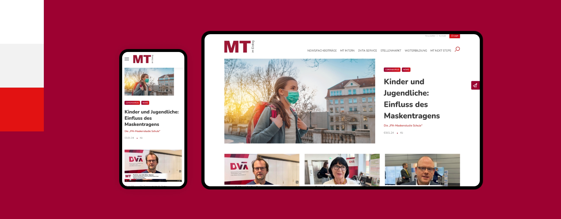 Screenshot einer Desktop- und Smartphoneansicht der Webseite MT im Dialog umgeben von den Farben des Corporate Design