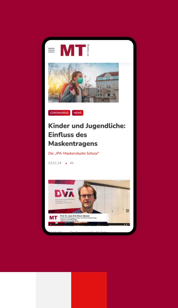 Screenshot einer Smartphoneansicht der Webseite MT im Dialog umgeben von den Farben des Corporate Design