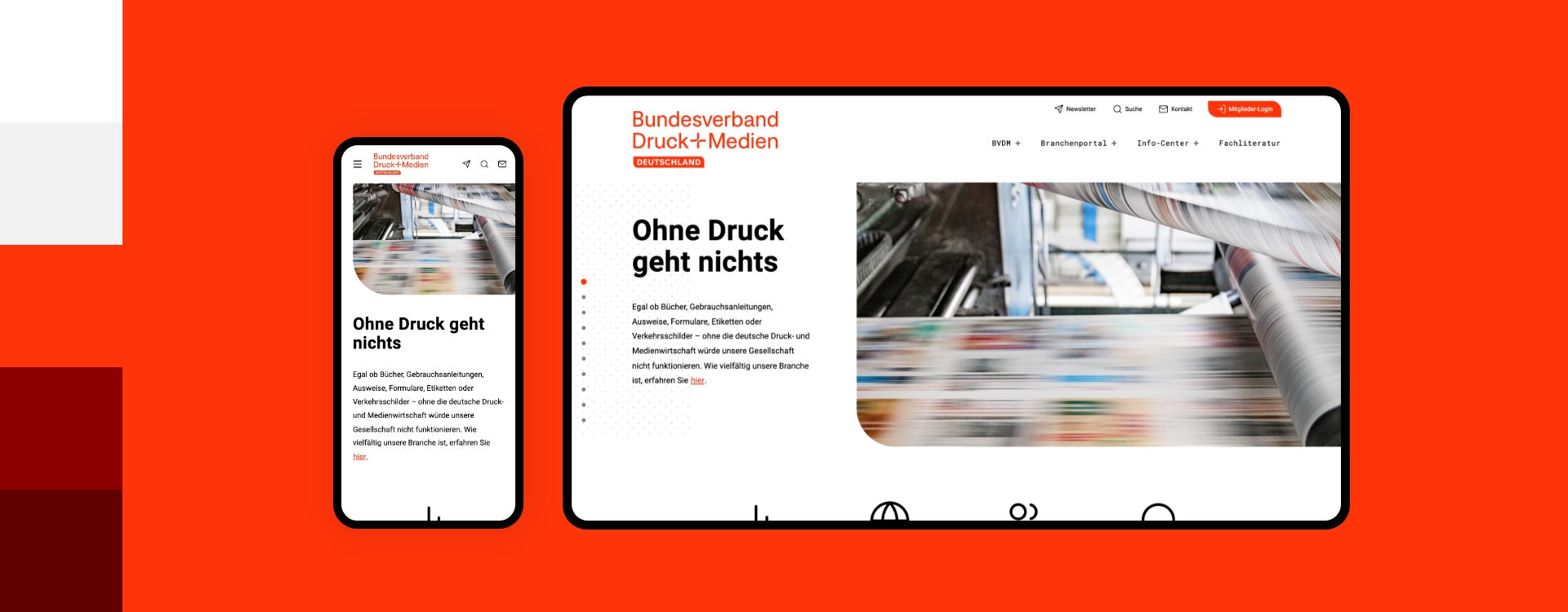 Screenshot einer Desktop- und Smartphoneansicht der Webseite Verband Druck und Medien umgeben von den Farben des Corporate Design