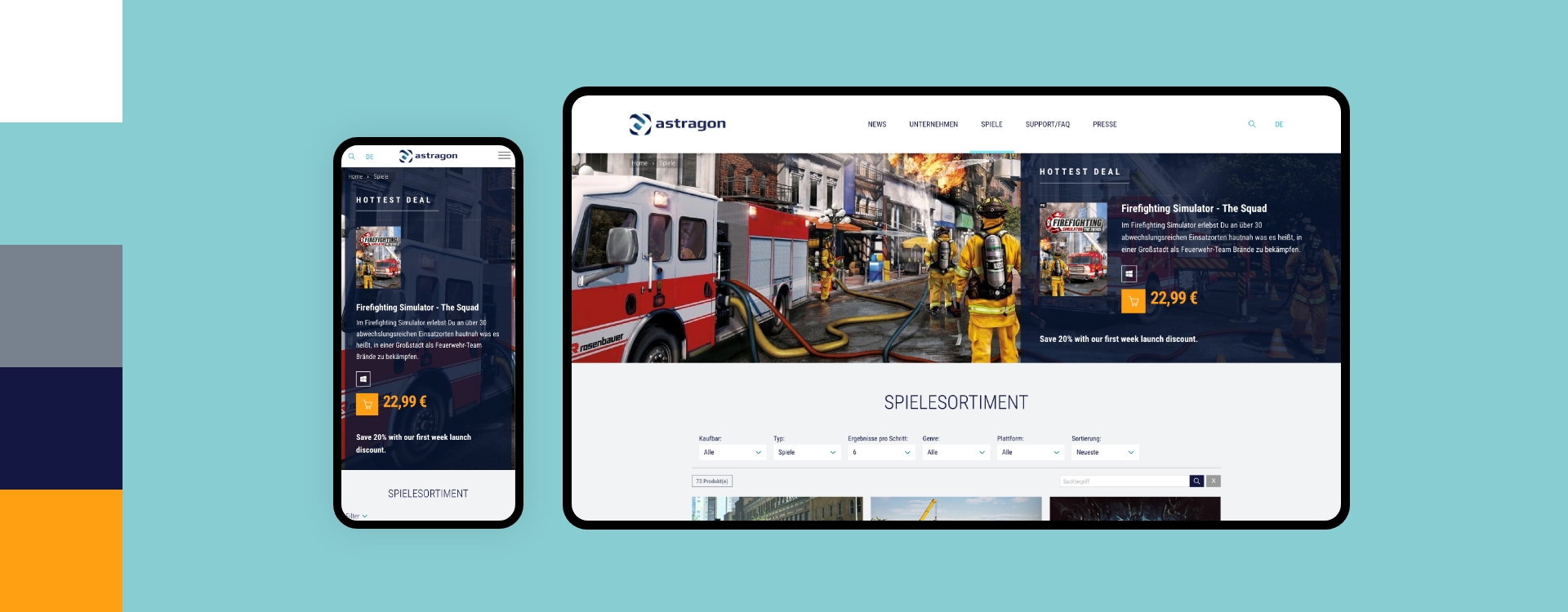 Screenshot einer Desktop- und Smartphoneansicht der Webseite von astragon umgeben von den Farben des Corporate Design