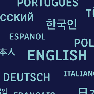 Verschiedene Sprachen ausgeschrieben in Hellblau auf blauem Grund