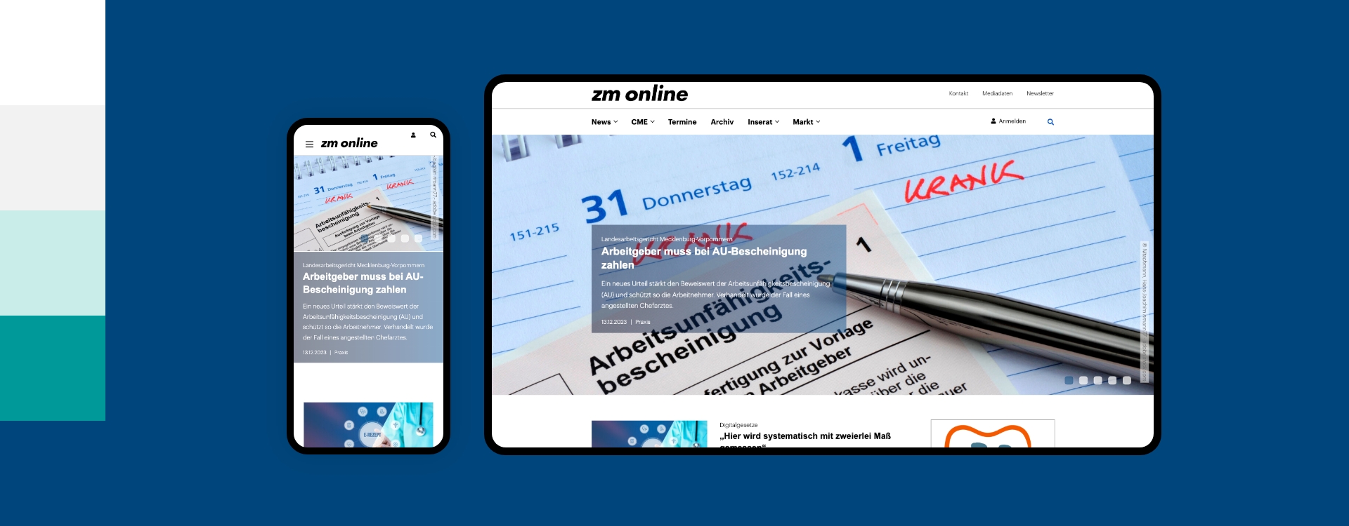 Screenshot einer Desktop- und Smartphoneansicht der Webseite ZM Online umgeben von den Farben des Corporate Design