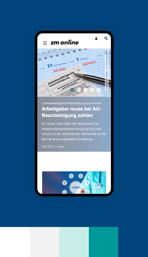 Screenshot einer Smartphoneansicht der Webseite ZM Online umgeben von den Farben des Corporate Design