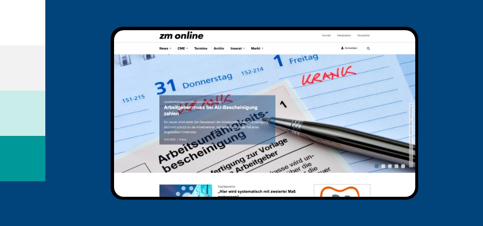 Screenshot einer Desktopansicht der Webseite ZM Online umgeben von den Farben des Corporate Design